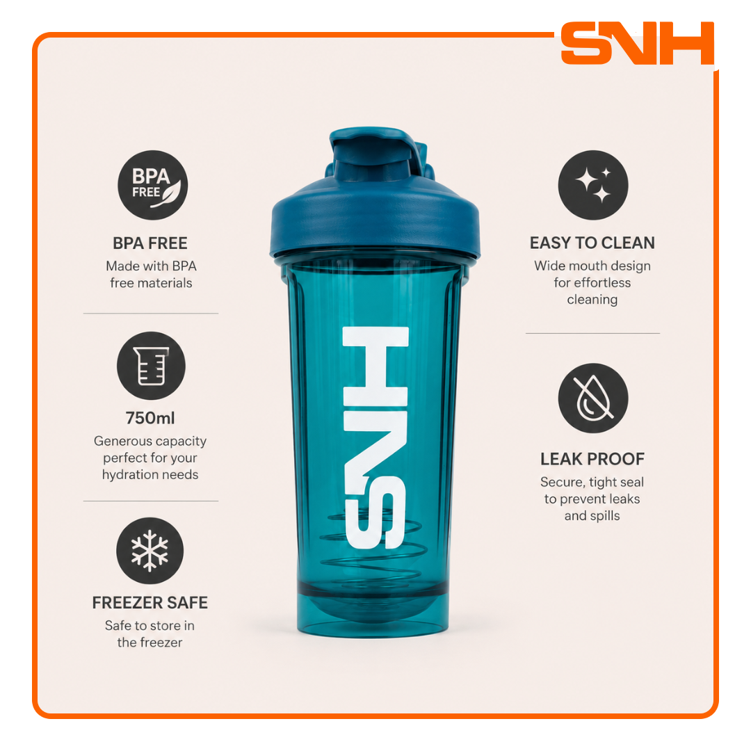 SNH 2.0 Shaker Bottle 750ml in black, BPA-free leak-proof shaker bottle for protein, pre-workout, and daily training use