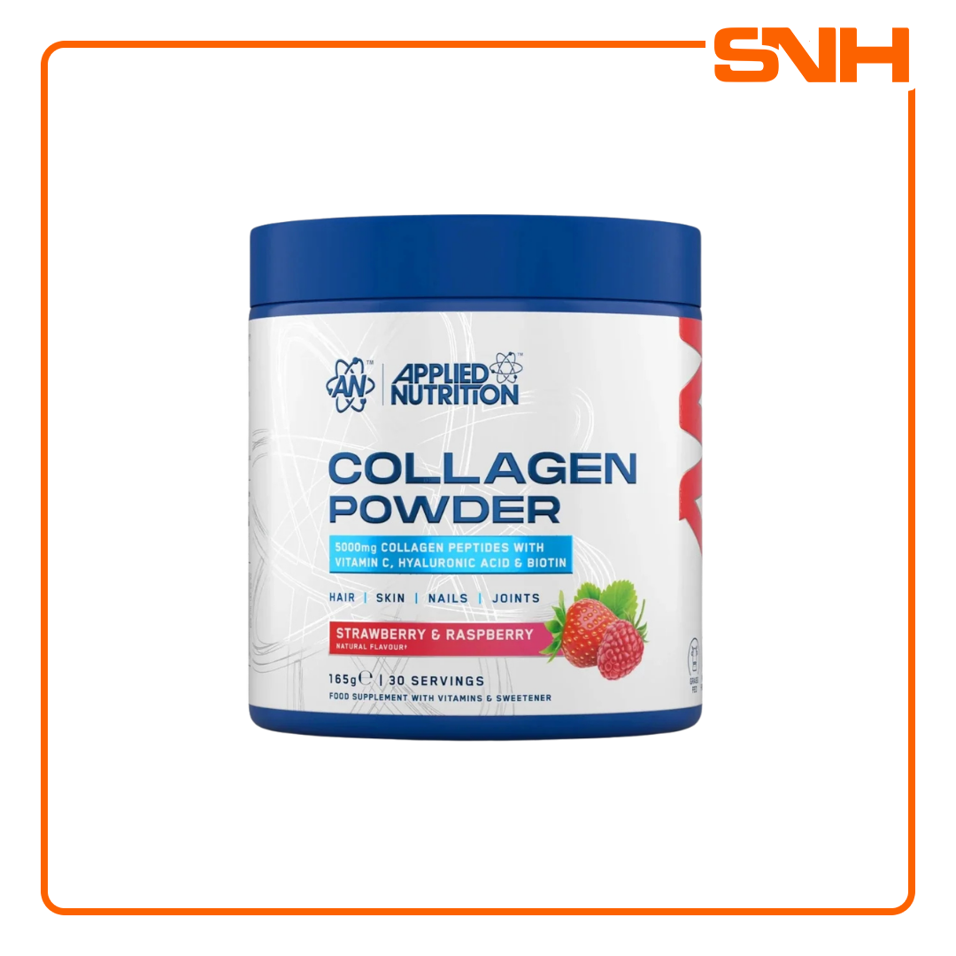 A tub of Applied Nutrition Collagen Powder in Strawberry & Raspberry flavor, featuring a white label with blue text and a blue lid, set against a white background with an orange border.
