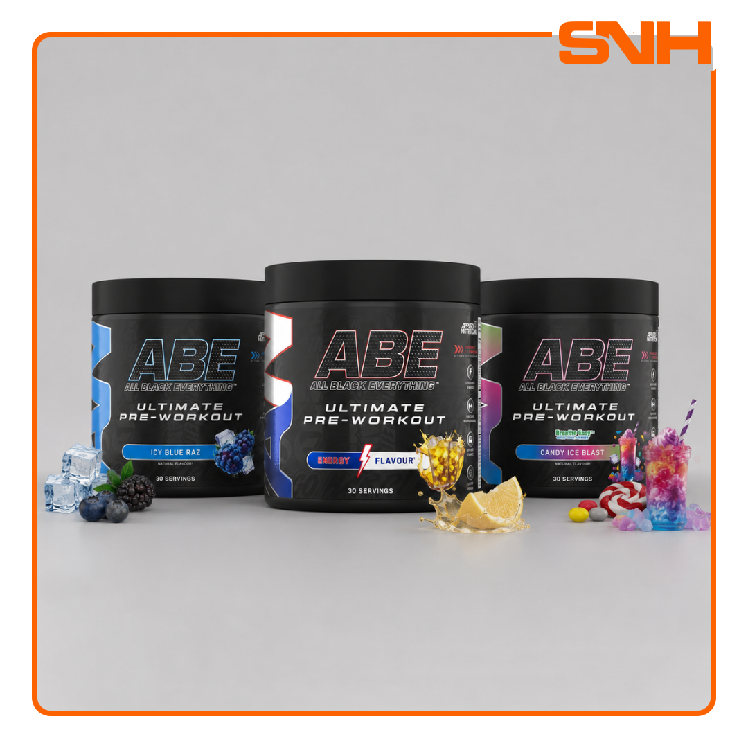 Applied Nutrition ABE All Black Everything pre-workout tub, UK-made halal pre-workout with 4g citrulline, creatine, and 200mg caffeine per serving