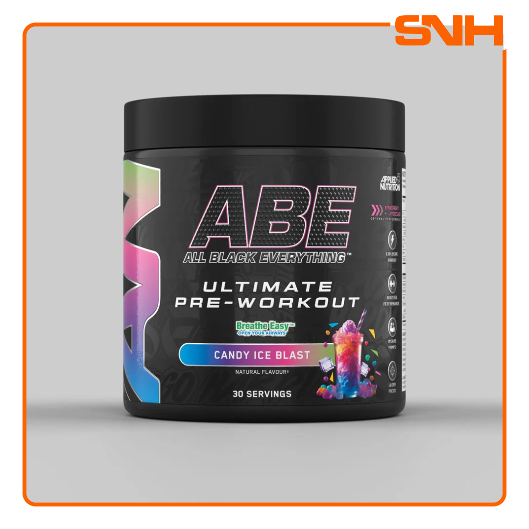 Applied Nutrition ABE All Black Everything pre-workout tub, UK-made halal pre-workout with 4g citrulline, creatine, and 200mg caffeine per serving