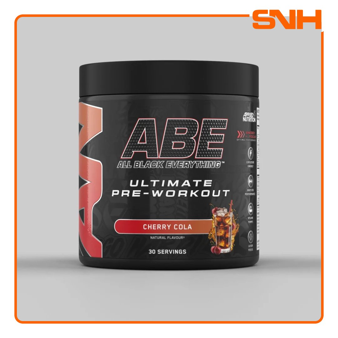 Applied Nutrition ABE All Black Everything pre-workout tub, UK-made halal pre-workout with 4g citrulline, creatine, and 200mg caffeine per serving