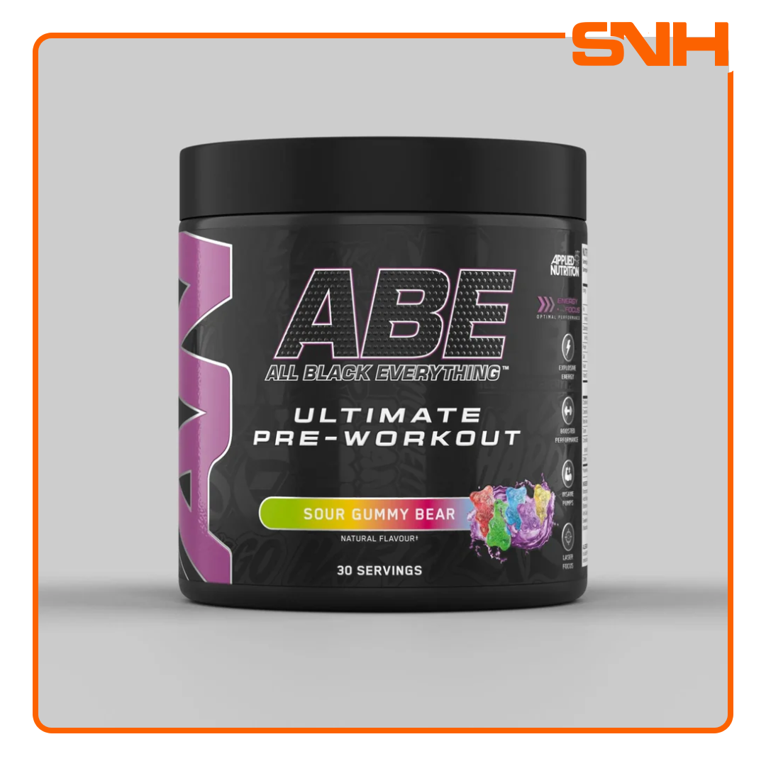 Applied Nutrition ABE All Black Everything pre-workout tub, UK-made halal pre-workout with 4g citrulline, creatine, and 200mg caffeine per serving