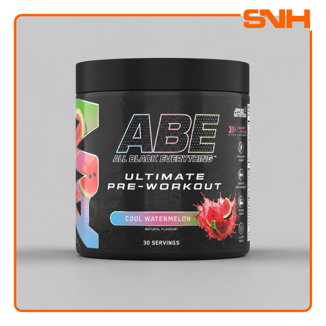 Applied Nutrition ABE All Black Everything pre-workout tub, UK-made halal pre-workout with 4g citrulline, creatine, and 200mg caffeine per serving