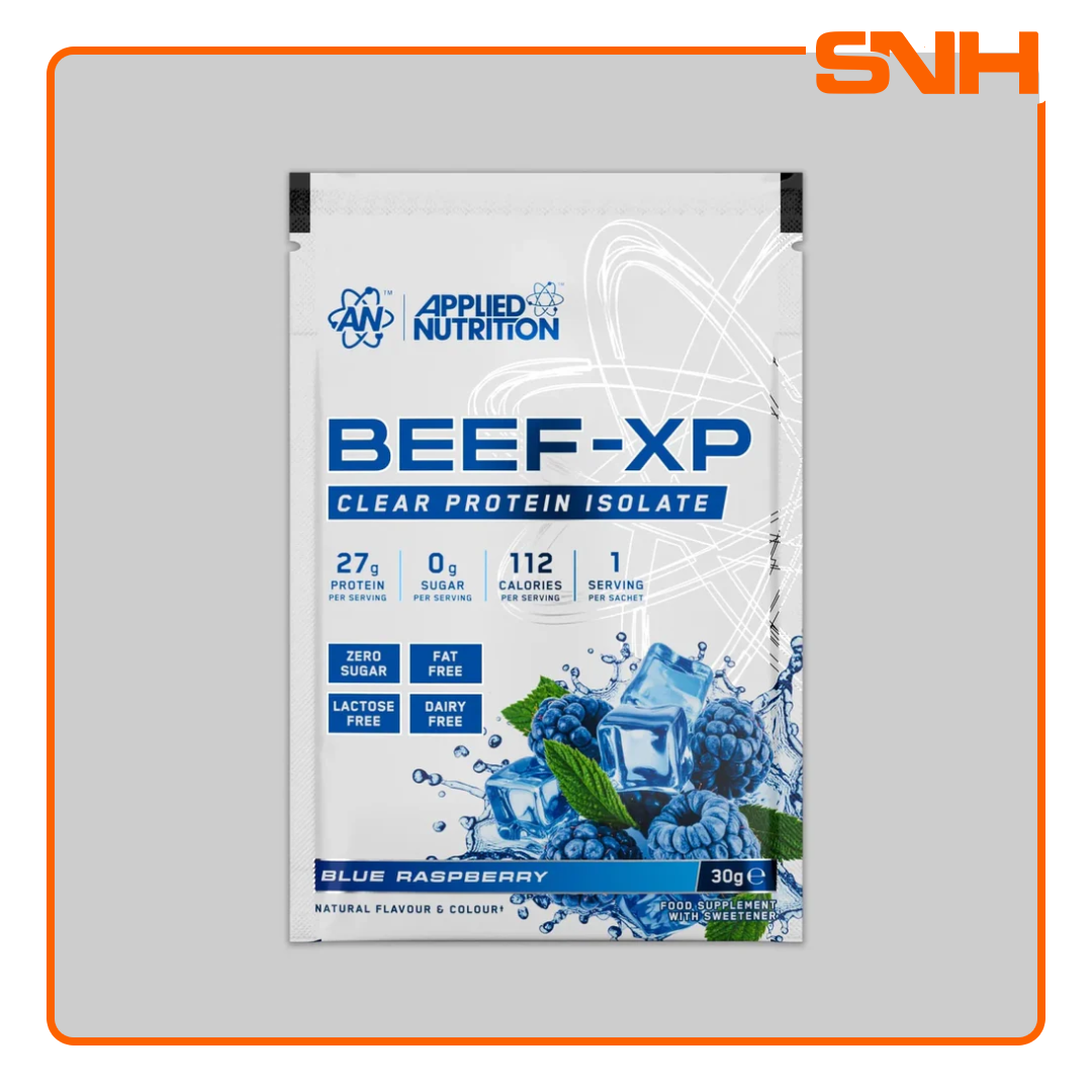 Applied Nutrition Beef-XP Clear Beef Protein Sample Sachet, UK-made halal dairy-free clear isolate protein sample with 27g hydrolysed beef