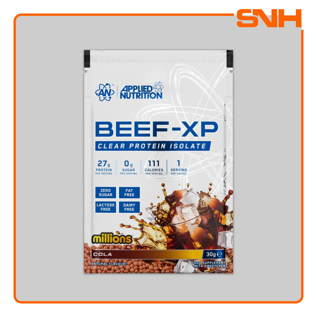 Applied Nutrition Beef-XP Clear Beef Protein Sample Sachet, UK-made halal dairy-free clear isolate protein sample with 27g hydrolysed beef