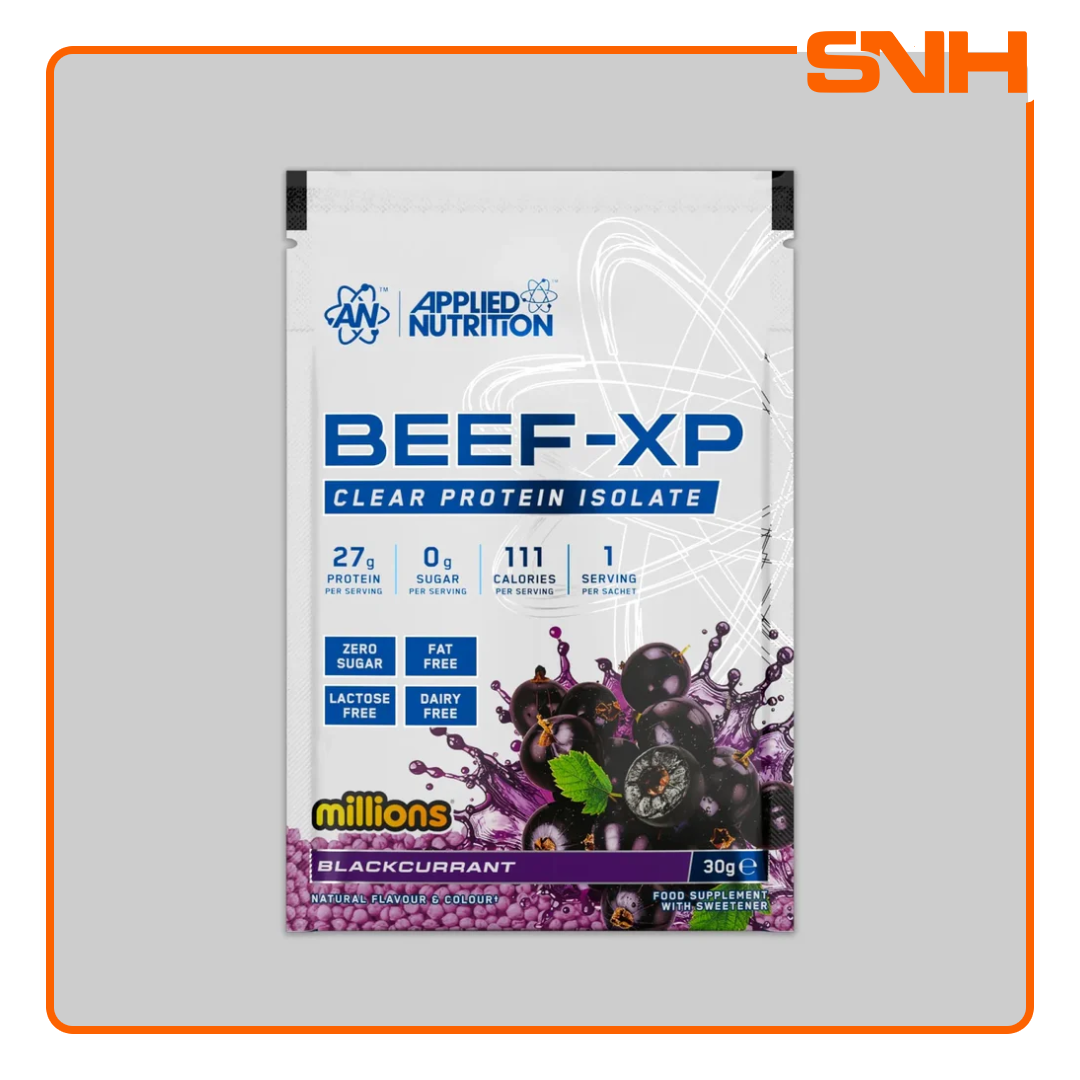 Applied Nutrition Beef-XP Clear Beef Protein Sample Sachet, UK-made halal dairy-free clear isolate protein sample with 27g hydrolysed beef