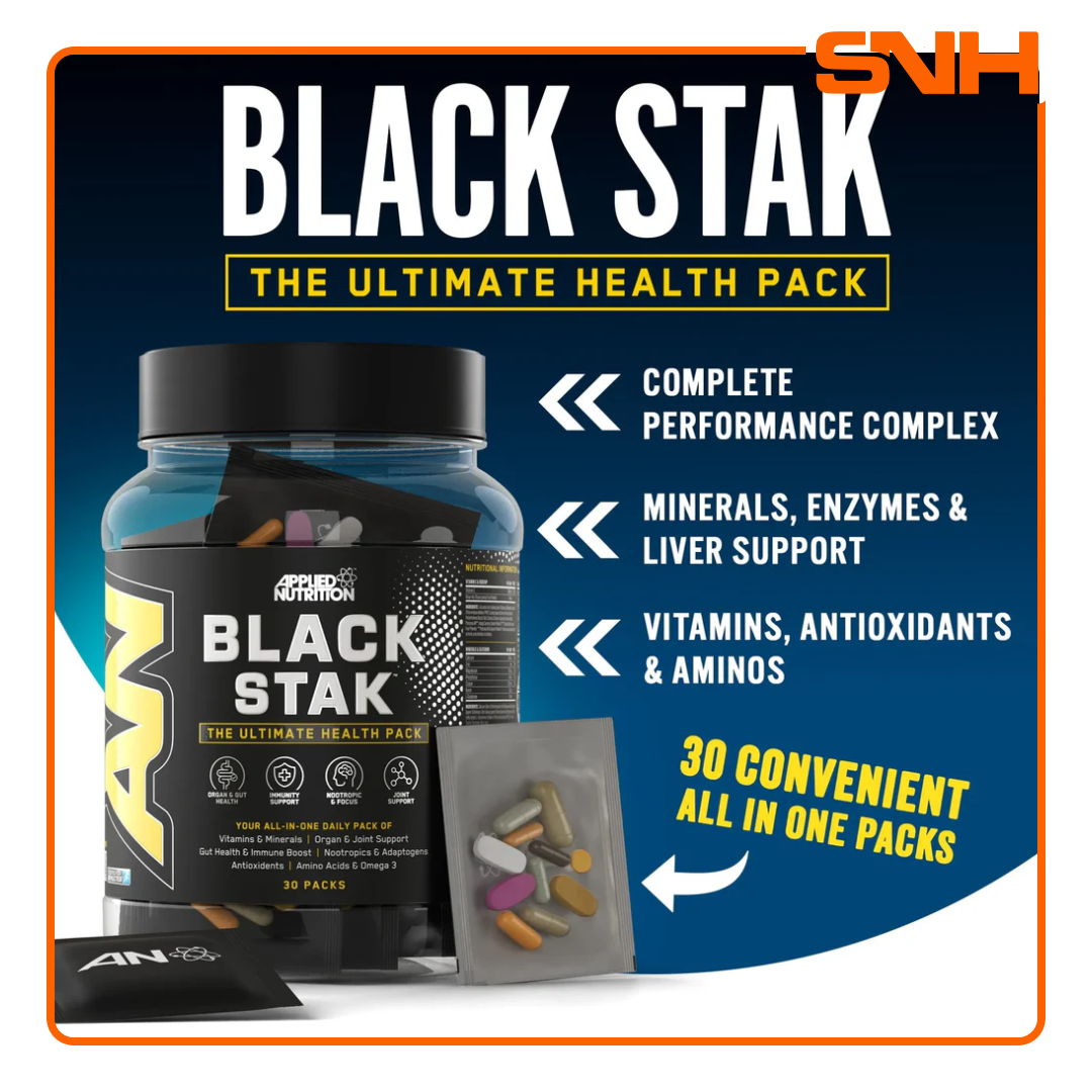 Applied Nutrition Black Stak Health Pack tub, UK-made comprehensive daily health pack with multi-vitamin, omega, joint, and antioxidant support