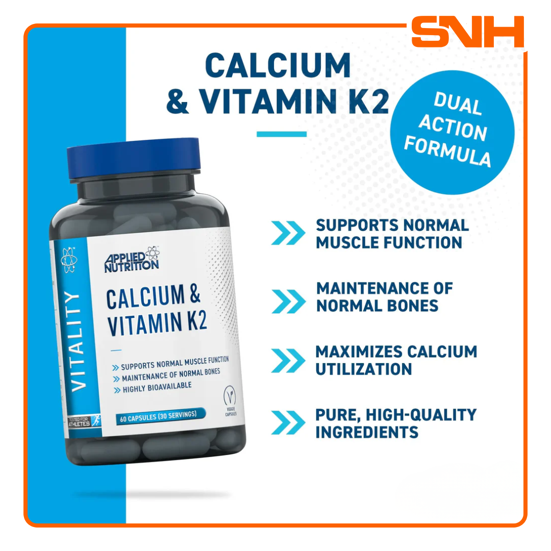 Applied Nutrition Calcium & Vitamin K2 capsules bottle, UK-made halal calcium supplement with 440mg calcium and 75µg K2 MK-7 per serving