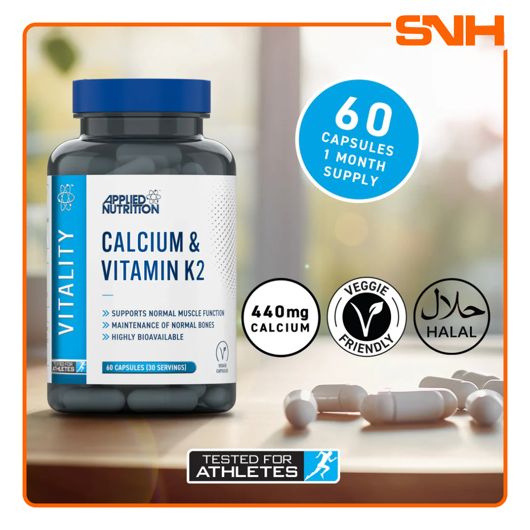 Applied Nutrition Calcium & Vitamin K2 capsules bottle, UK-made halal calcium supplement with 440mg calcium and 75µg K2 MK-7 per serving