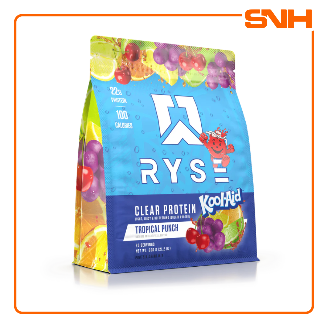 RYSE Clear Protein tub, US-made premium clear isolate protein with whey isolate base in a refreshing juice-like format for daily protein