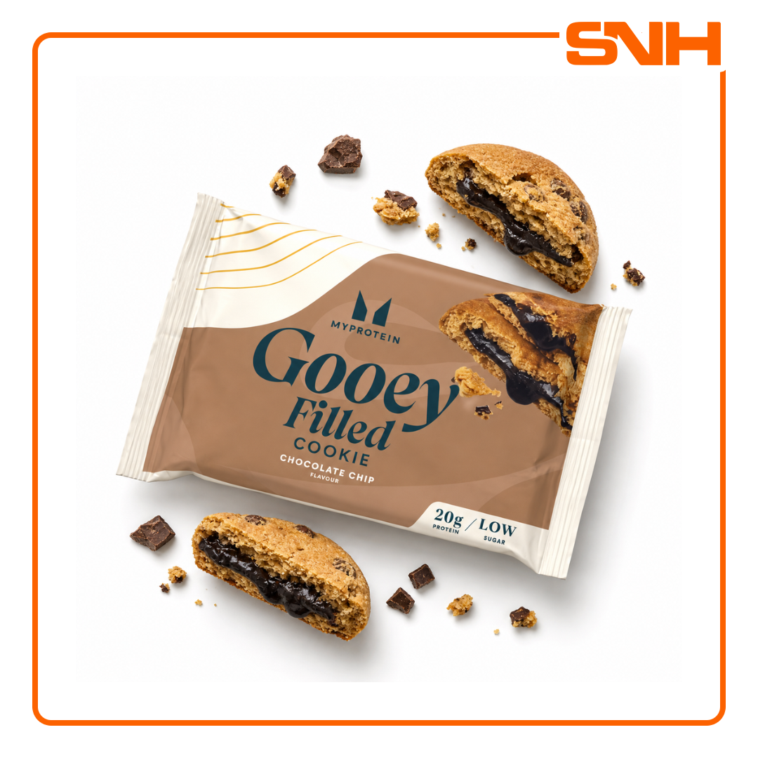 Myprotein Gooey Filled Protein Cookie, soft-centred protein snack with 20g protein per cookie and low sugar baked formulation