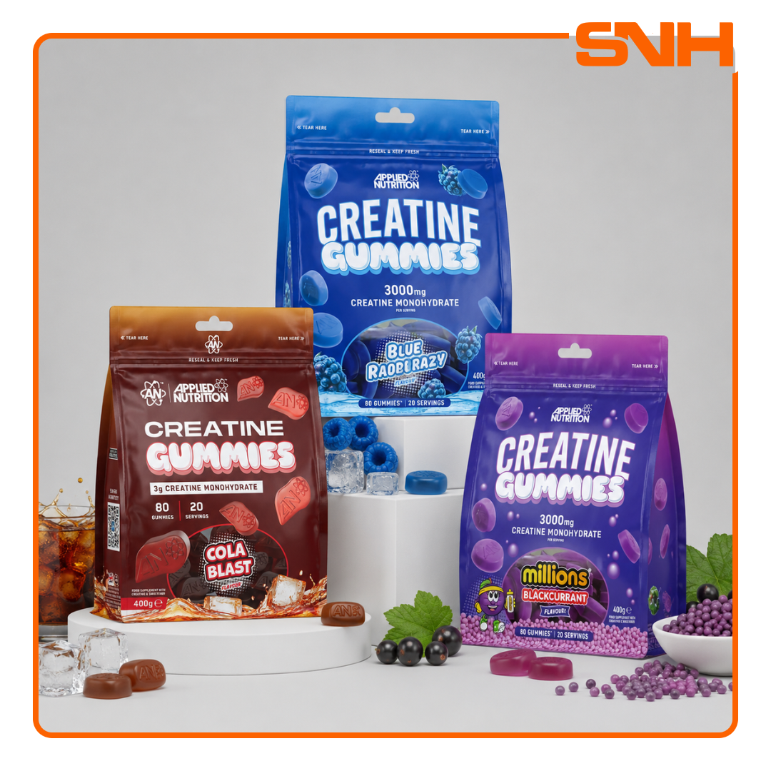 Applied Nutrition Creatine Monohydrate Gummies bottle, UK-made vegan halal creatine gummies with 3000mg per serving for strength and muscle