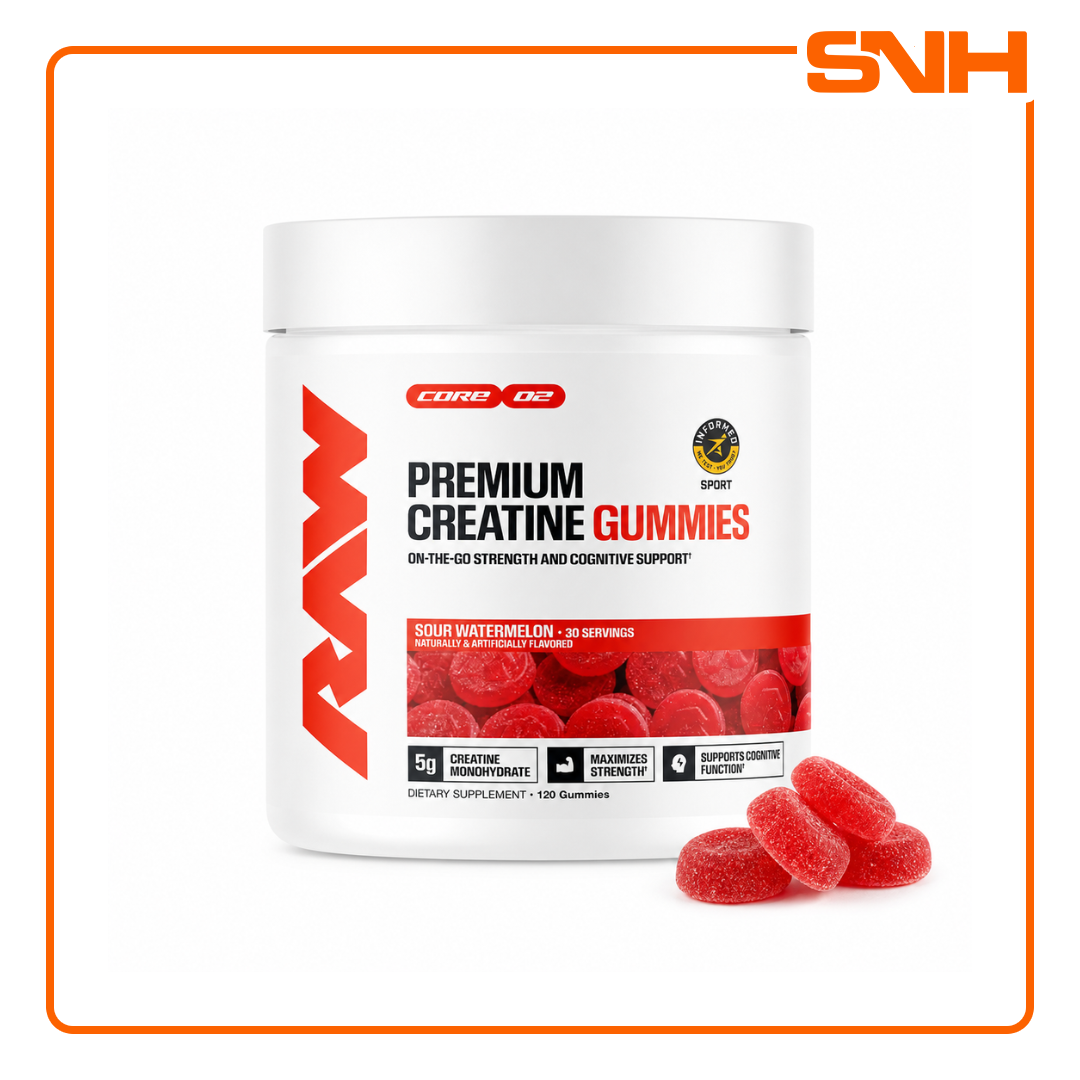 RAW Creatine Gummies pack, US-made daily creatine with full 5g clinical dose of creatine monohydrate per serving in pectin-based gummy format