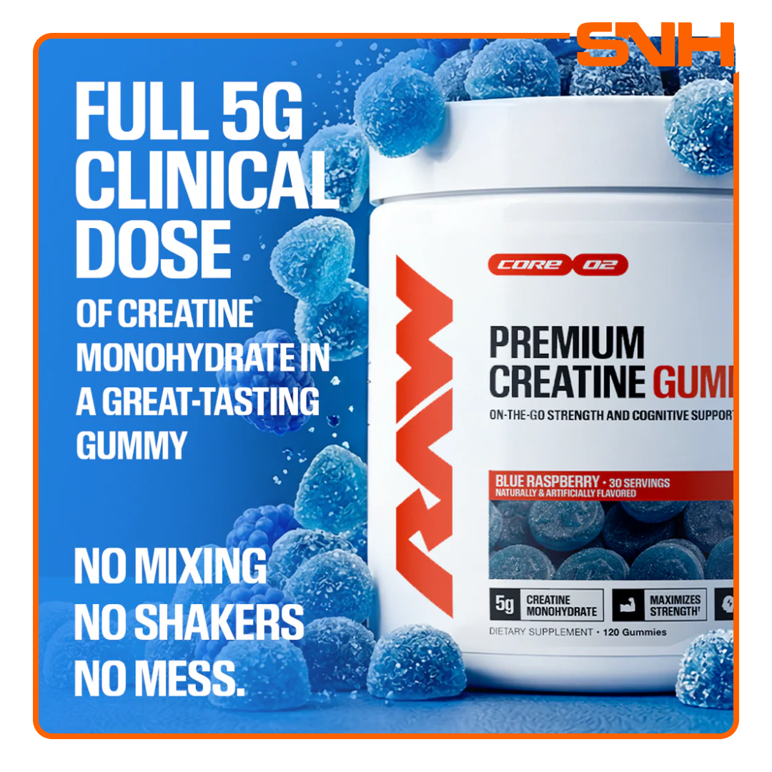 RAW Creatine Gummies pack, US-made daily creatine with full 5g clinical dose of creatine monohydrate per serving in pectin-based gummy format