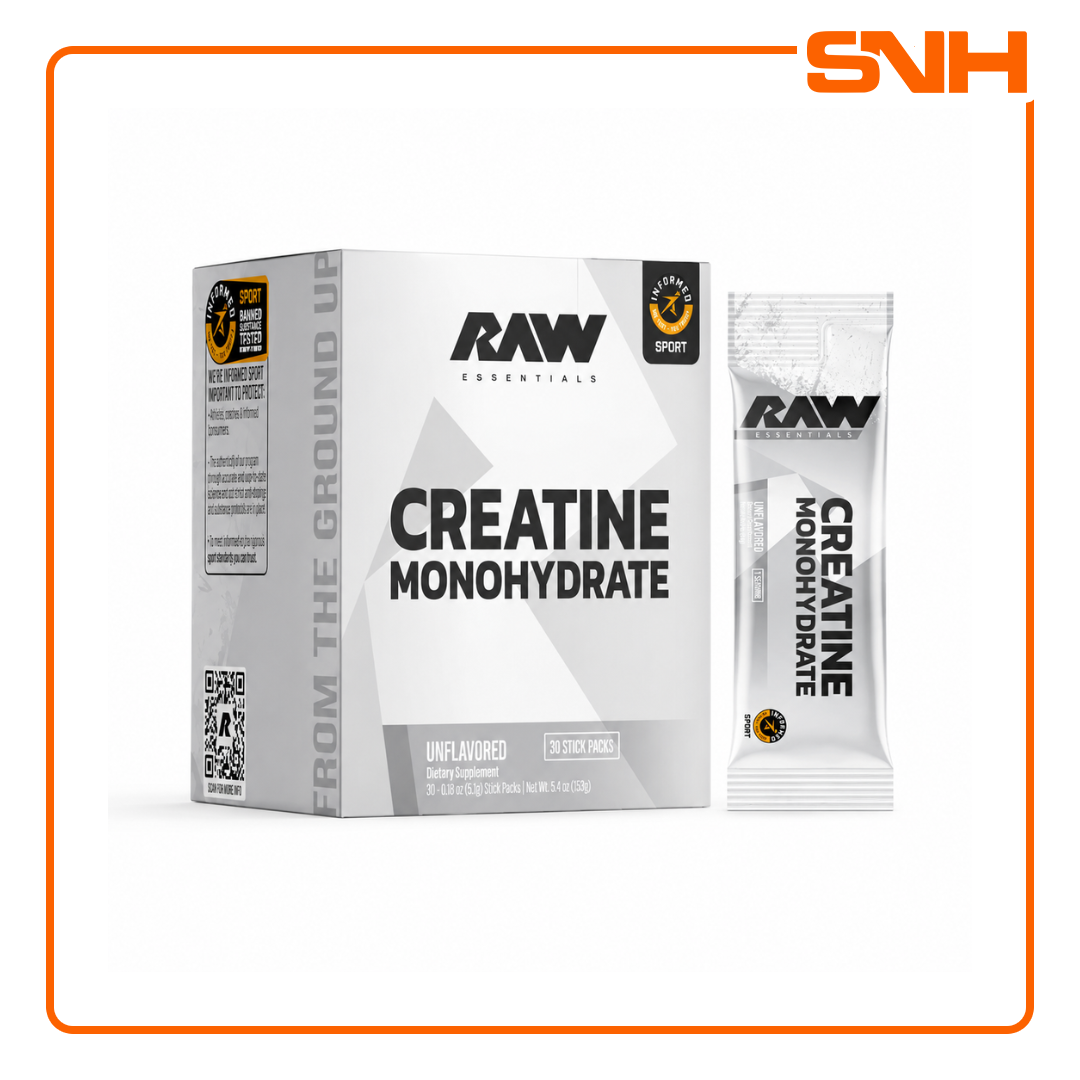 RAW Nutrition Creatine Monohydrate Sachet Pack, US-made athlete-led pure creatine in single-serving 5g travel-friendly sachets