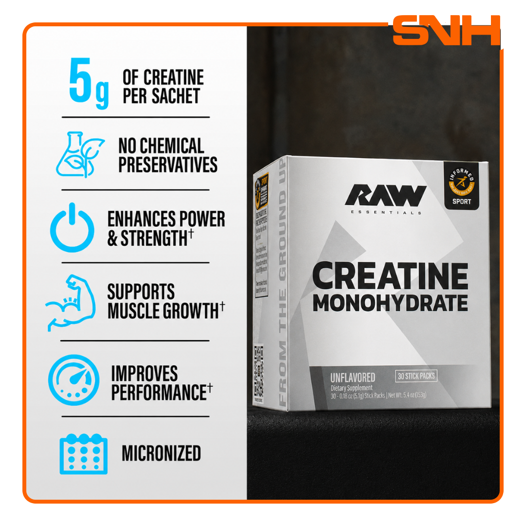 RAW Nutrition Creatine Monohydrate Sachet Pack, US-made athlete-led pure creatine in single-serving 5g travel-friendly sachets
