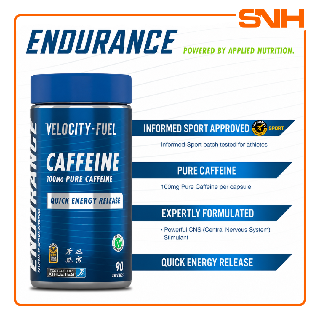 Applied Nutrition Endurance Caffeine Capsules 100mg bottle, UK-made Informed Sport certified caffeine capsules with 90 servings