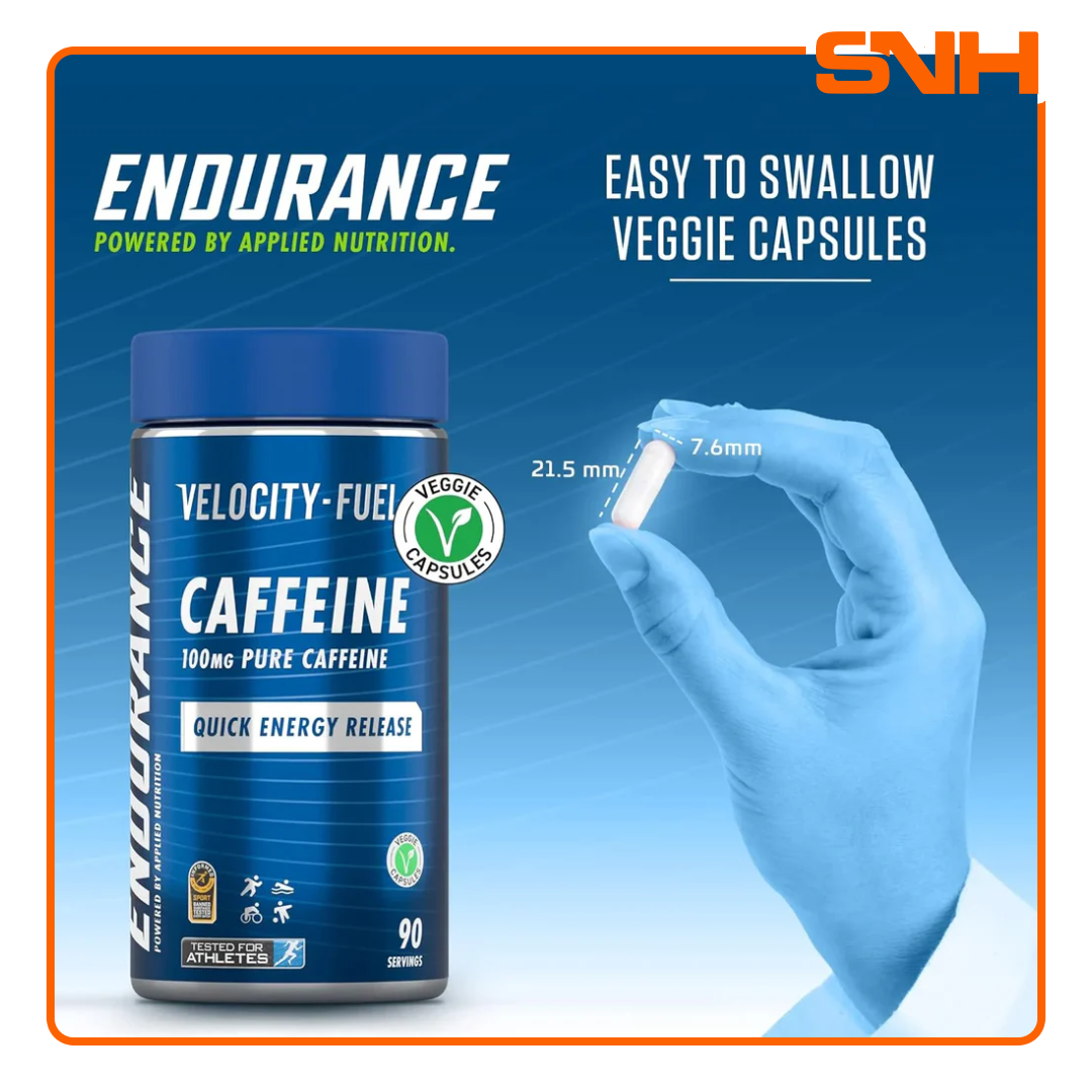Applied Nutrition Endurance Caffeine Capsules 100mg bottle, UK-made Informed Sport certified caffeine capsules with 90 servings