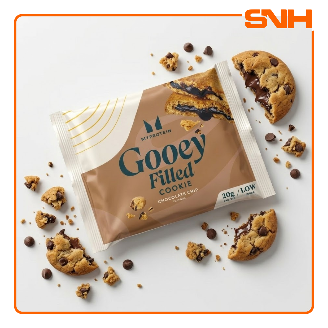 Myprotein Gooey Filled Protein Cookie, soft-centred protein snack with 20g protein per cookie and low sugar baked formulation