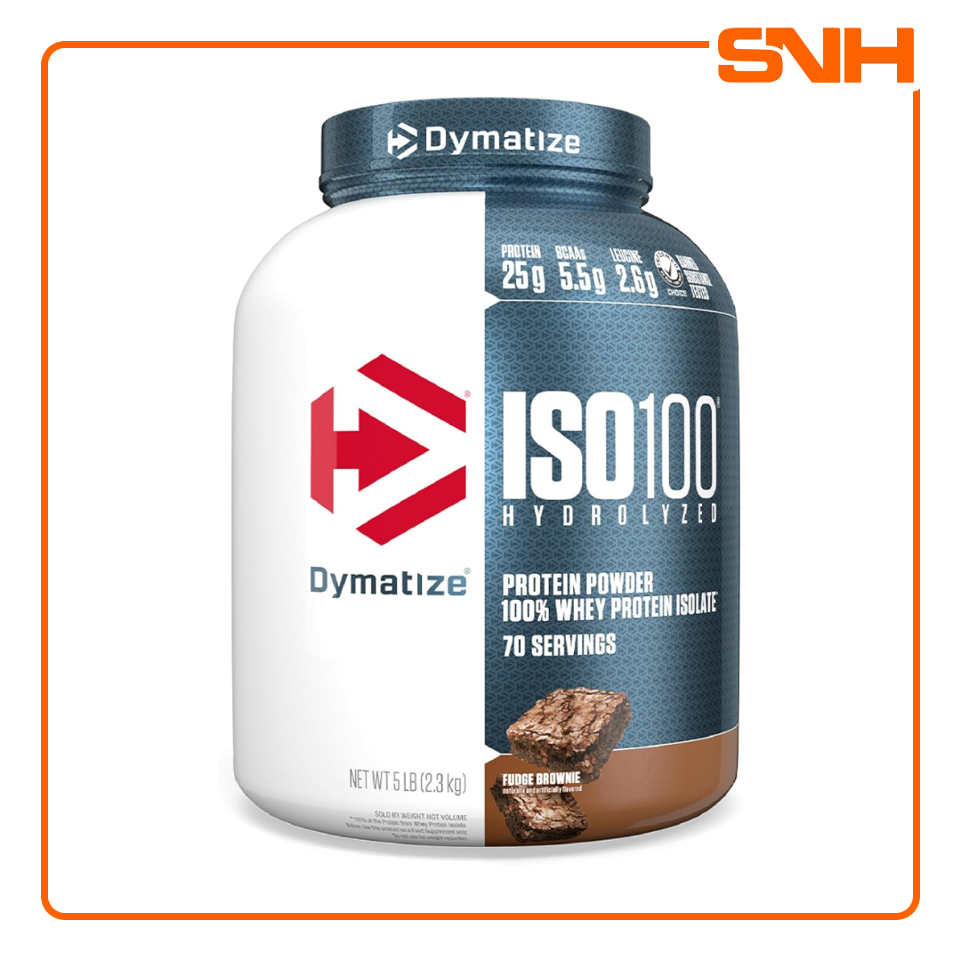 Dymatize ISO100 hydrolyzed isolate whey protein tub, US-made fast-absorbing whey isolate with 25g protein and 5.5g BCAAs per scoop