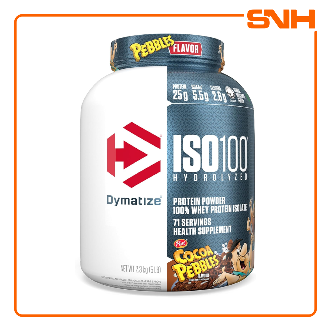 Dymatize ISO100 hydrolyzed isolate whey protein tub, US-made fast-absorbing whey isolate with 25g protein and 5.5g BCAAs per scoop