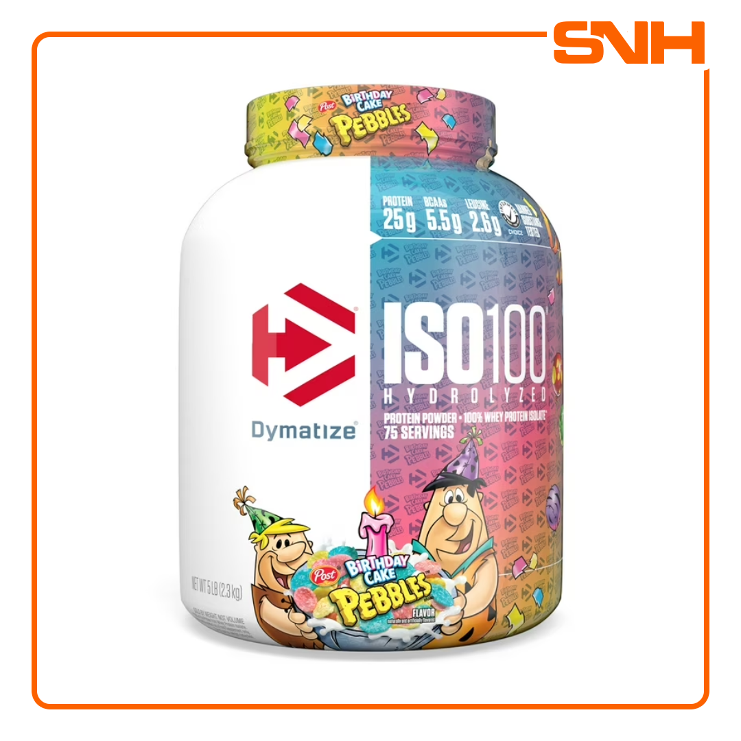 Dymatize ISO100 hydrolyzed isolate whey protein tub, US-made fast-absorbing whey isolate with 25g protein and 5.5g BCAAs per scoop