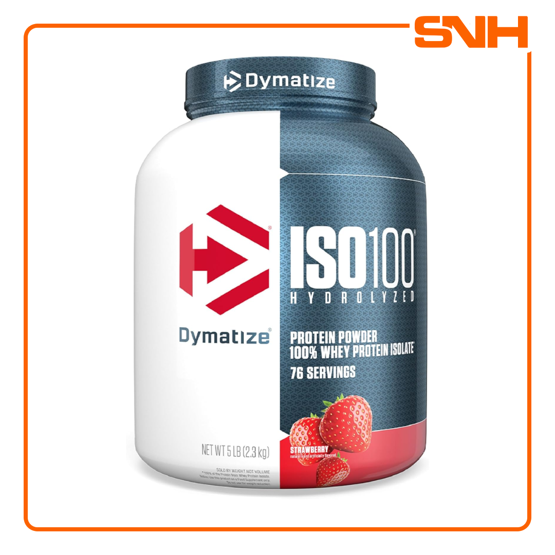 Dymatize ISO100 hydrolyzed isolate whey protein tub, US-made fast-absorbing whey isolate with 25g protein and 5.5g BCAAs per scoop