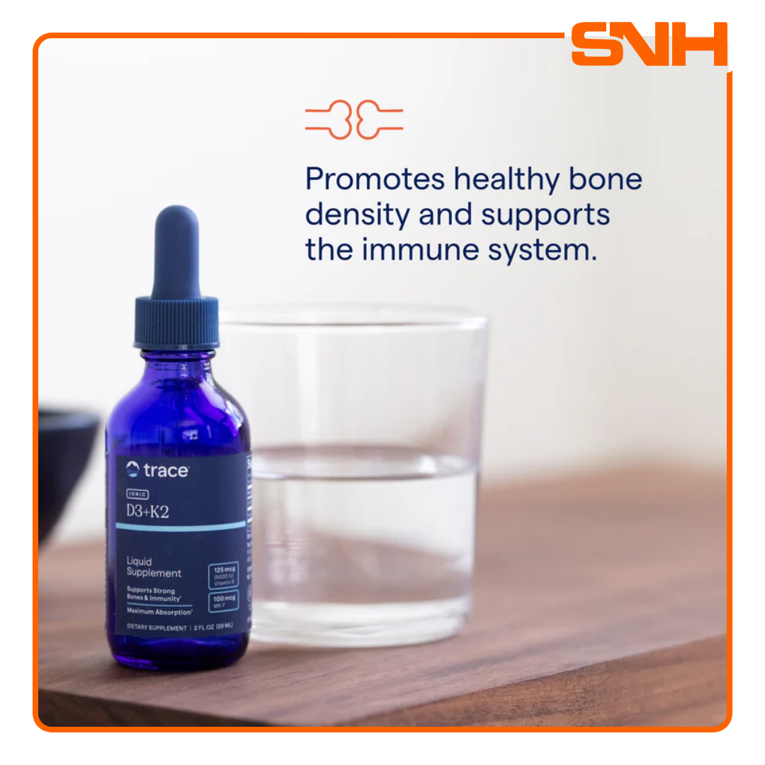 Trace Ionic D3 + K2 liquid drops 296-serving bulk bottle, US-made daily D3 and K2 supplement in highly bioavailable liquid format