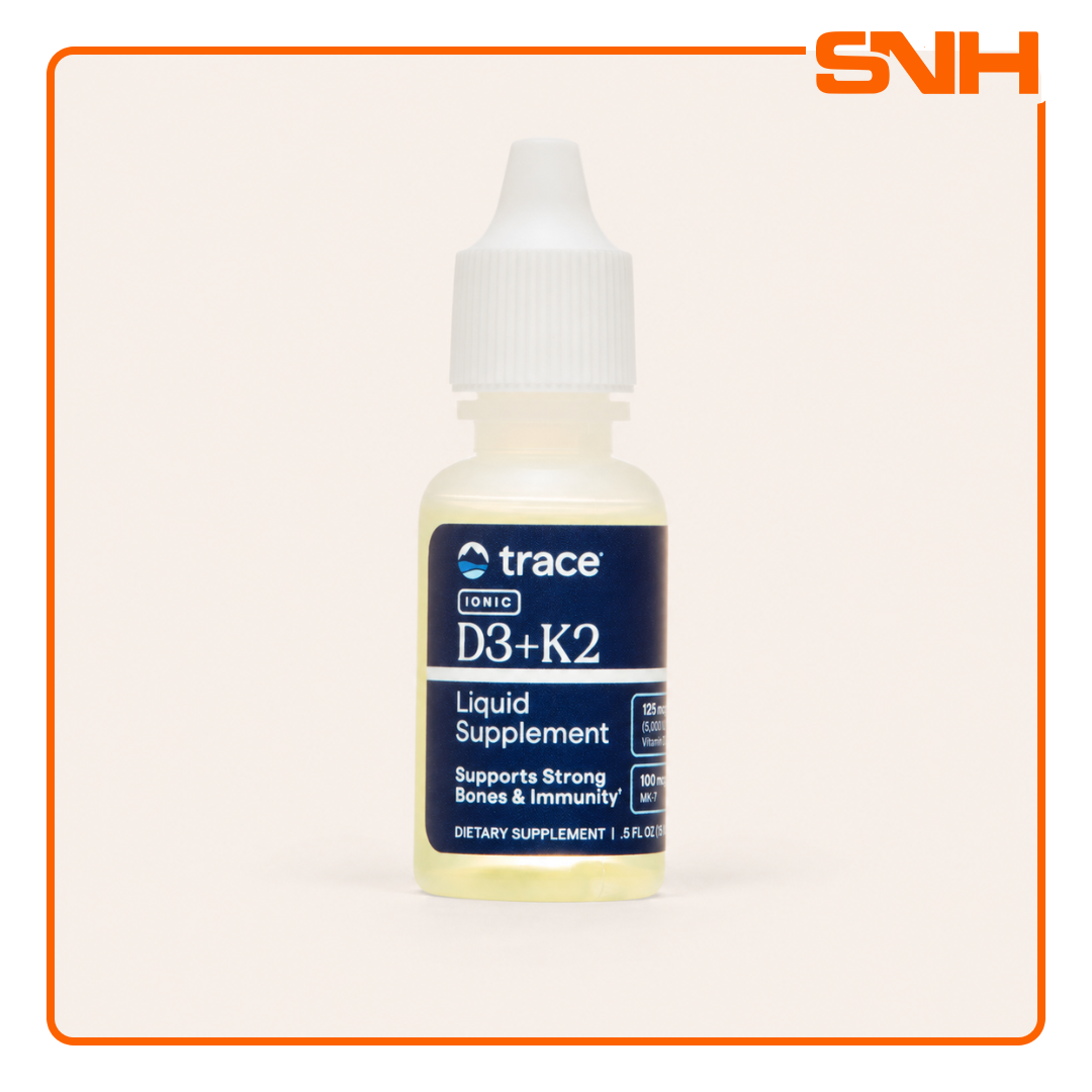 Trace Ionic D3 + K2 liquid drops bottle, US-made daily D3 and K2 supplement in highly bioavailable liquid format with 75 servings