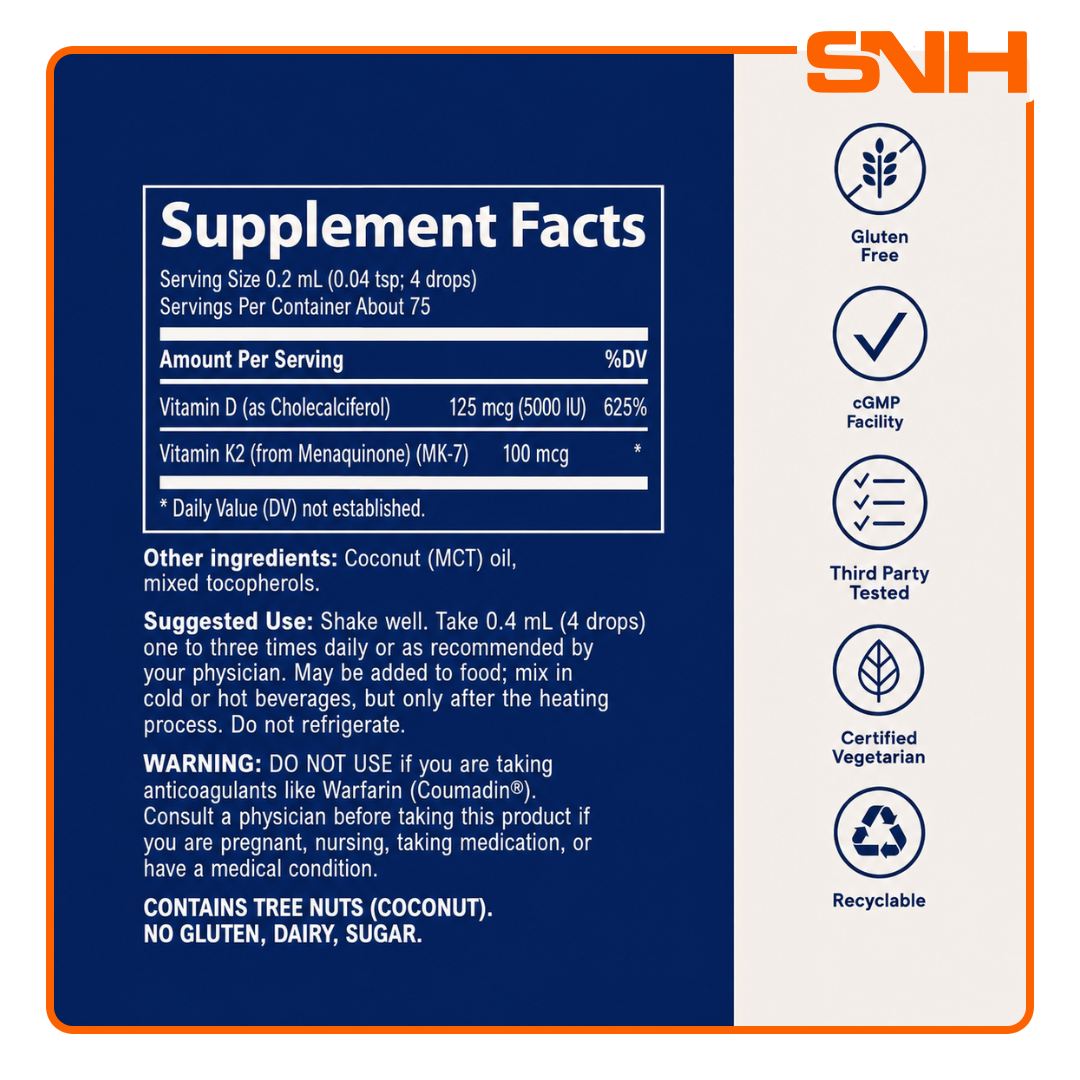 Trace Ionic D3 + K2 liquid drops bottle, US-made daily D3 and K2 supplement in highly bioavailable liquid format with 75 servings
