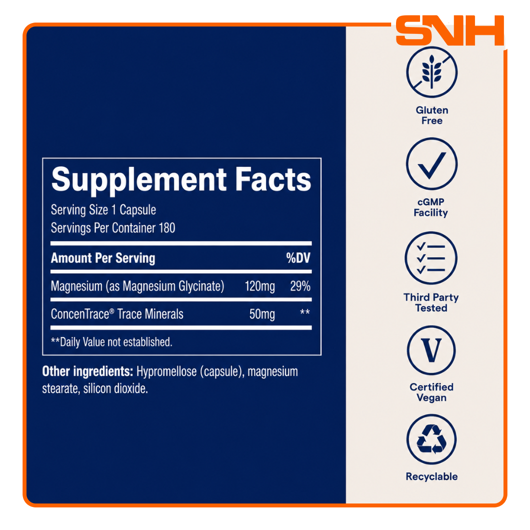 Trace Magnesium Glycinate 180-capsule bulk bottle, US-made daily magnesium glycinate for sleep, muscle, mood, and recovery support