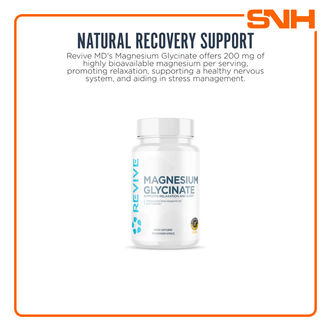 Revive Magnesium Glycinate supplement bottle, US-made Informed-Sport certified magnesium glycinate capsules with 200mg elemental magnesium