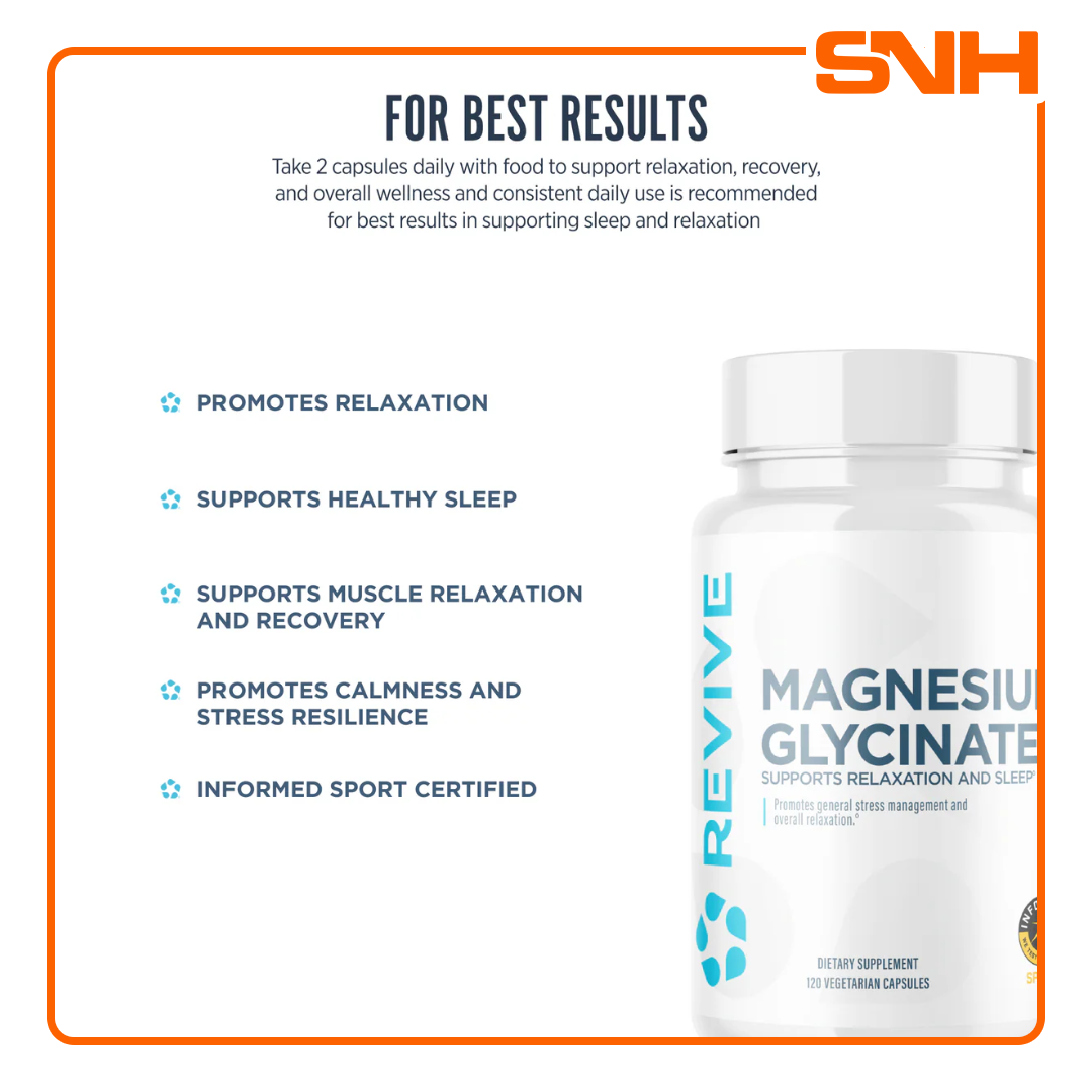 Revive Magnesium Glycinate supplement bottle, US-made Informed-Sport certified magnesium glycinate capsules with 200mg elemental magnesium