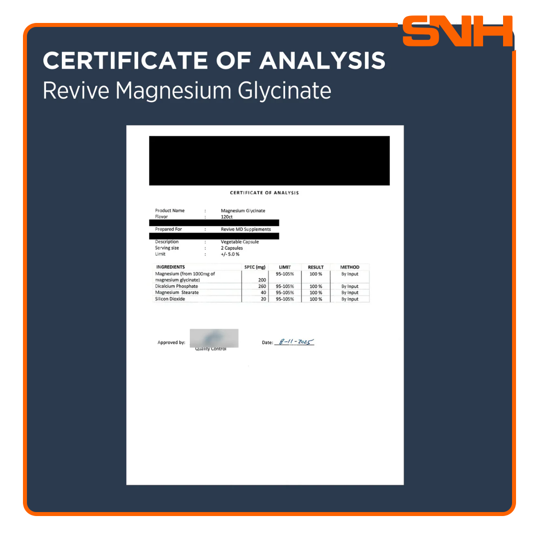 Revive Magnesium Glycinate supplement bottle, US-made Informed-Sport certified magnesium glycinate capsules with 200mg elemental magnesium