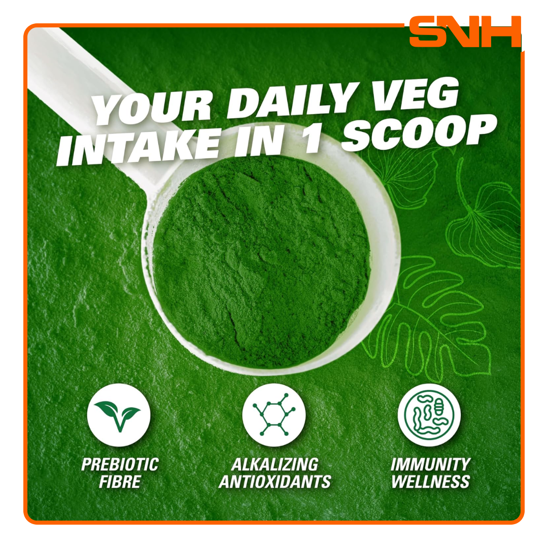 EHPlabs OxyGreens Daily Super Greens Powder tub, daily greens supplement with superfoods, antioxidants and prebiotic fibre per scoop