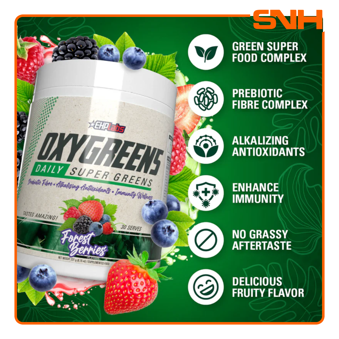 EHPlabs OxyGreens Daily Super Greens Powder tub, daily greens supplement with superfoods, antioxidants and prebiotic fibre per scoop