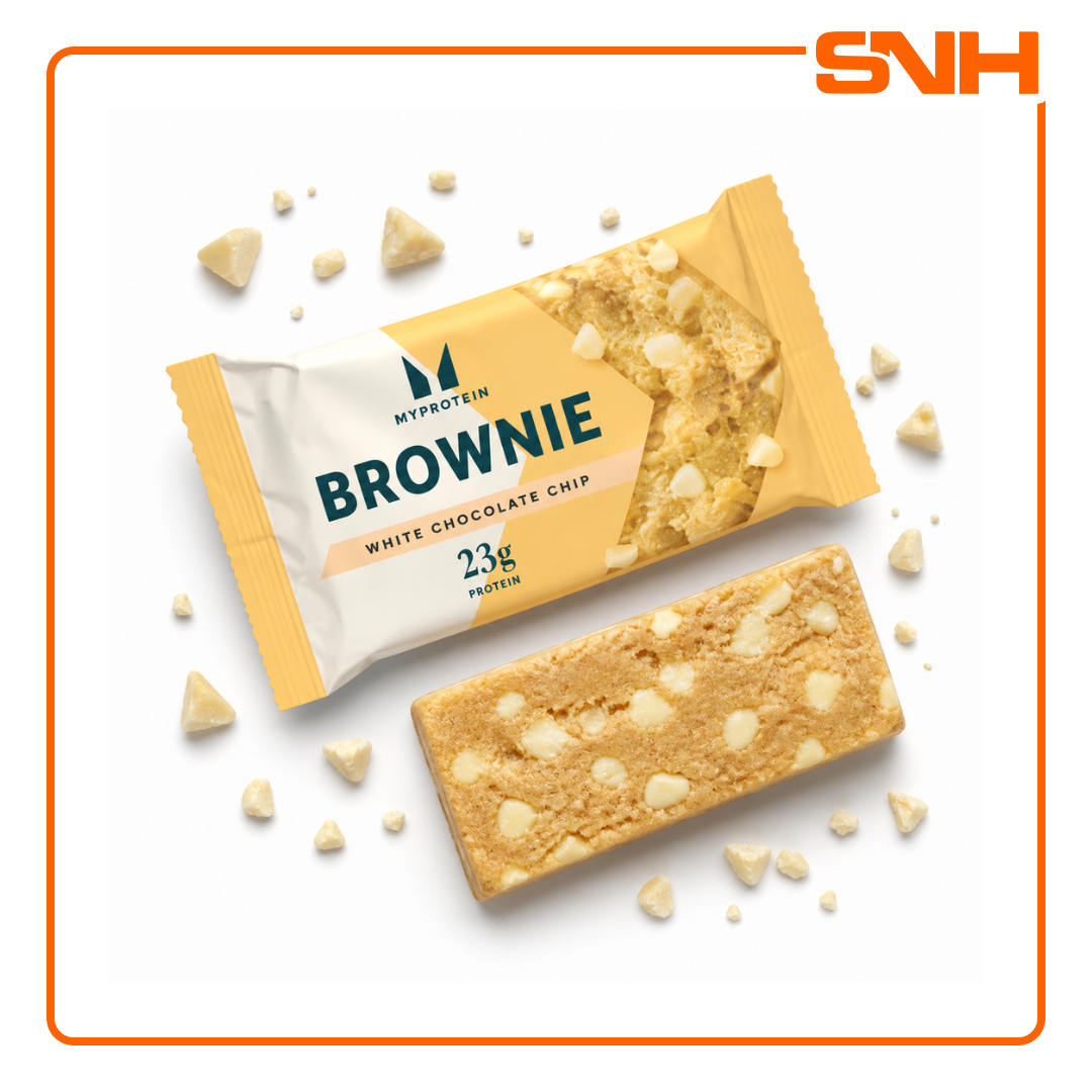 Myprotein Protein Brownie protein snack, soft chewy brownie with real chocolate chunks and 23g protein per serving for daily macros