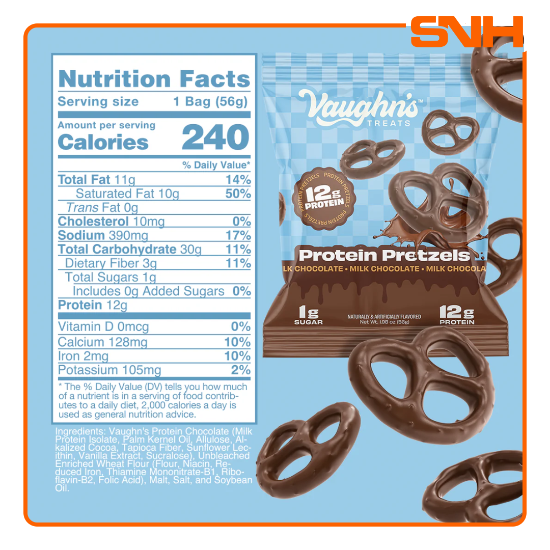 Vaughn's Treats Protein Pretzels bag, US-made chocolate-covered protein snacks with 12g protein and 1g sugar per serving