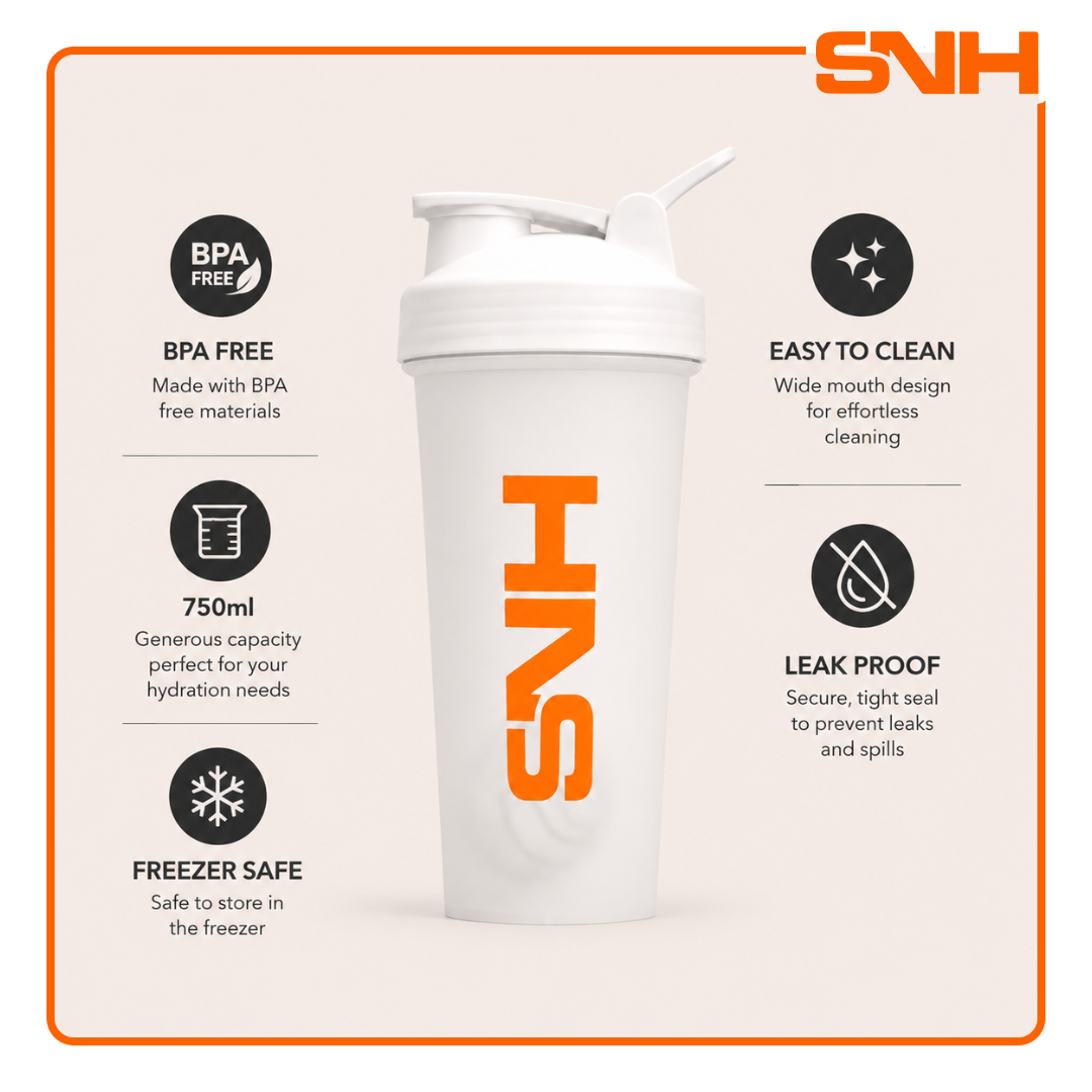 SNH Shaker Bottle 750ml in white, BPA-free leak-proof shaker bottle for protein, pre-workout, and daily training use
