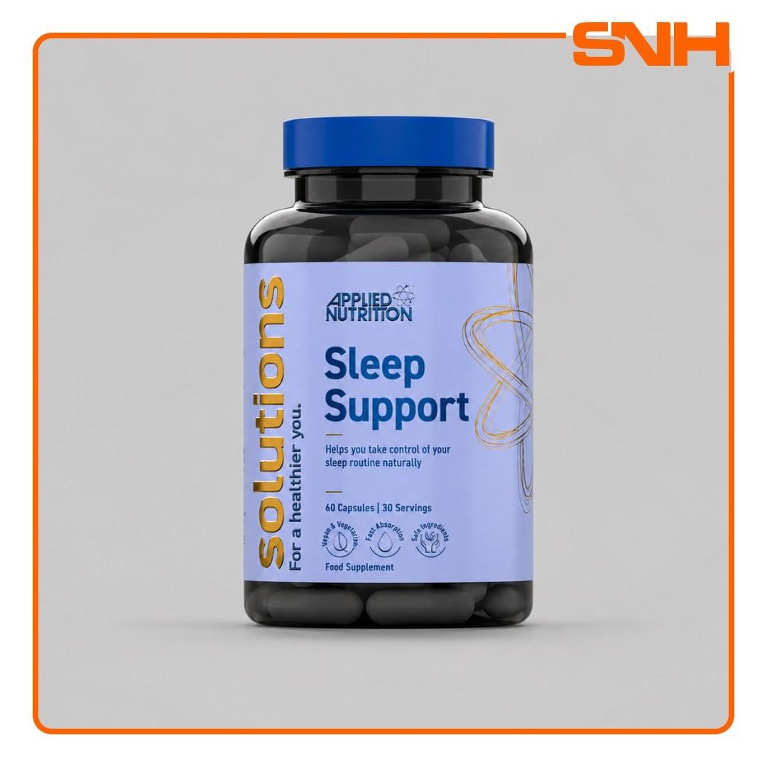 Applied Nutrition Sleep Support Capsules bottle, UK-made natural daily sleep support capsules for sleep onset and recovery quality