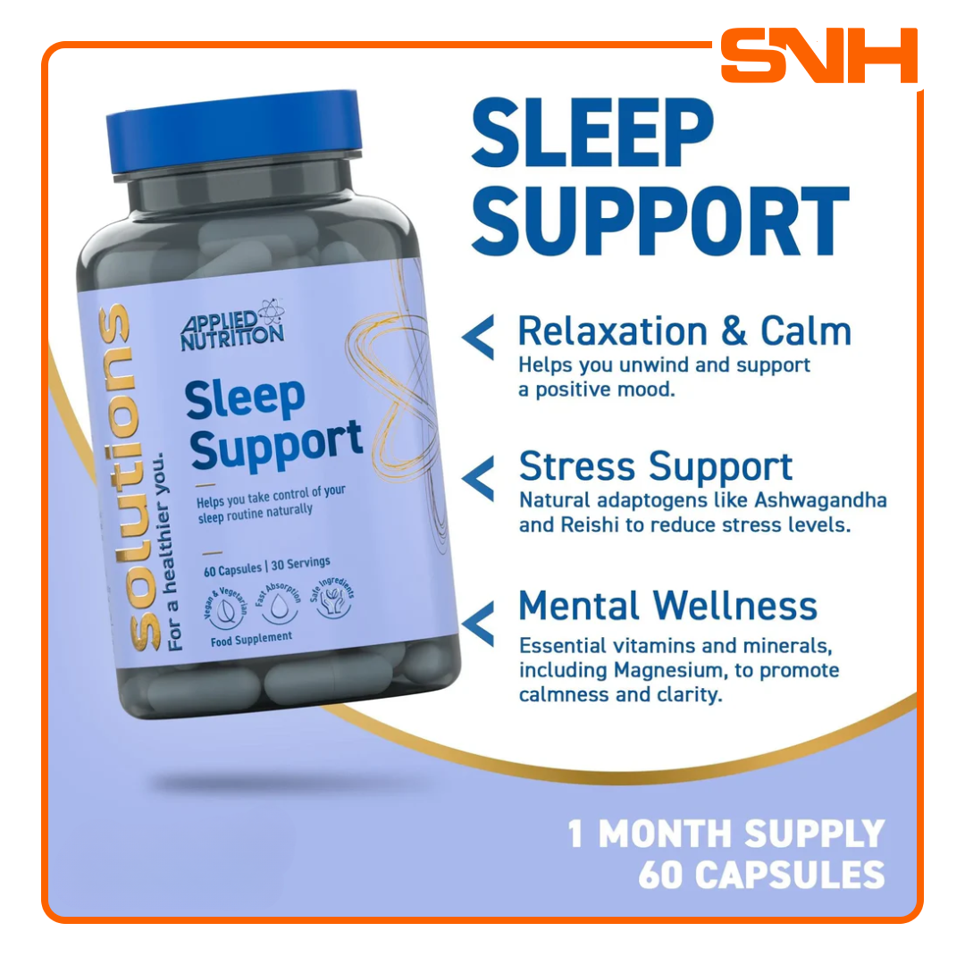 Applied Nutrition Sleep Support Capsules bottle, UK-made natural daily sleep support capsules for sleep onset and recovery quality