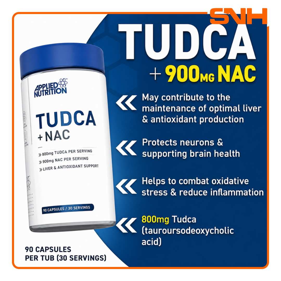 Applied Nutrition TUDCA + NAC Capsules bottle, UK-made daily liver support capsules with clinical TUDCA and N-Acetyl Cysteine