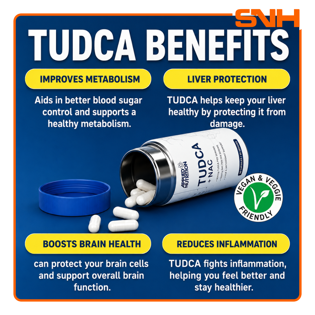 Applied Nutrition TUDCA + NAC Capsules bottle, UK-made daily liver support capsules with clinical TUDCA and N-Acetyl Cysteine