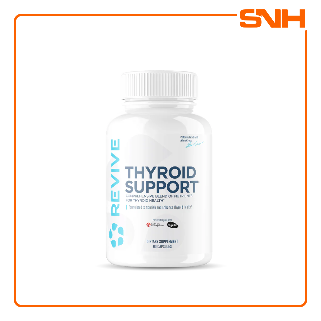Revive Thyroid Support bottle, USA-made clinical-grade daily thyroid supplement with iodine, selenium, zinc, and adaptogenic actives per serving