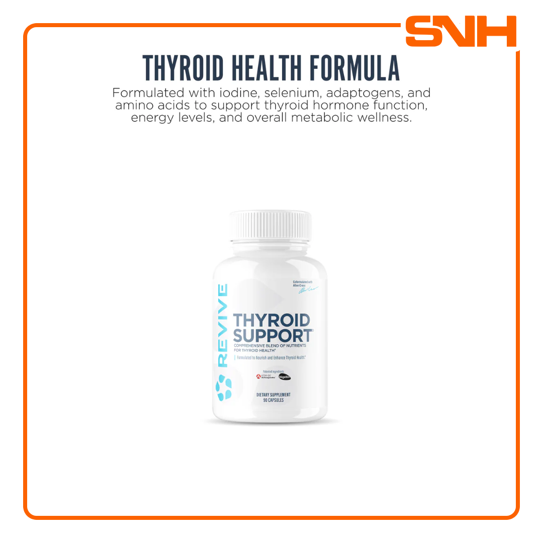 Revive Thyroid Support bottle, USA-made clinical-grade daily thyroid supplement with iodine, selenium, zinc, and adaptogenic actives per serving