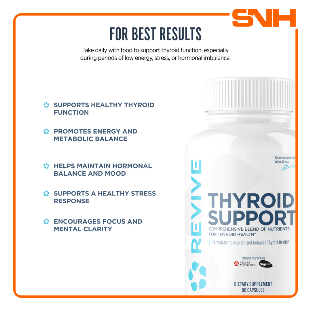 Revive Thyroid Support bottle, USA-made clinical-grade daily thyroid supplement with iodine, selenium, zinc, and adaptogenic actives per serving
