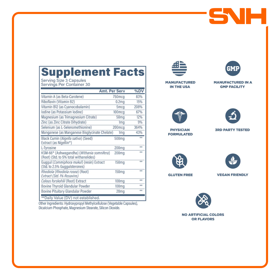 Revive Thyroid Support bottle, USA-made clinical-grade daily thyroid supplement with iodine, selenium, zinc, and adaptogenic actives per serving