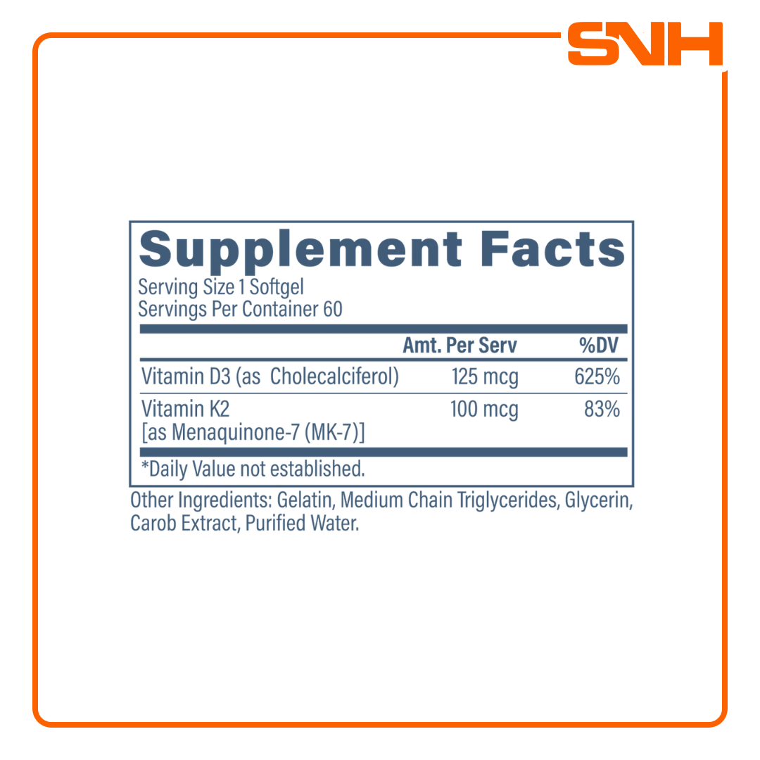 Revive Vitamin D3 & K2 supplement bottle, US-made physician-formulated D3 K2 vitamin capsules with 5000iu vitamin D3 per serving