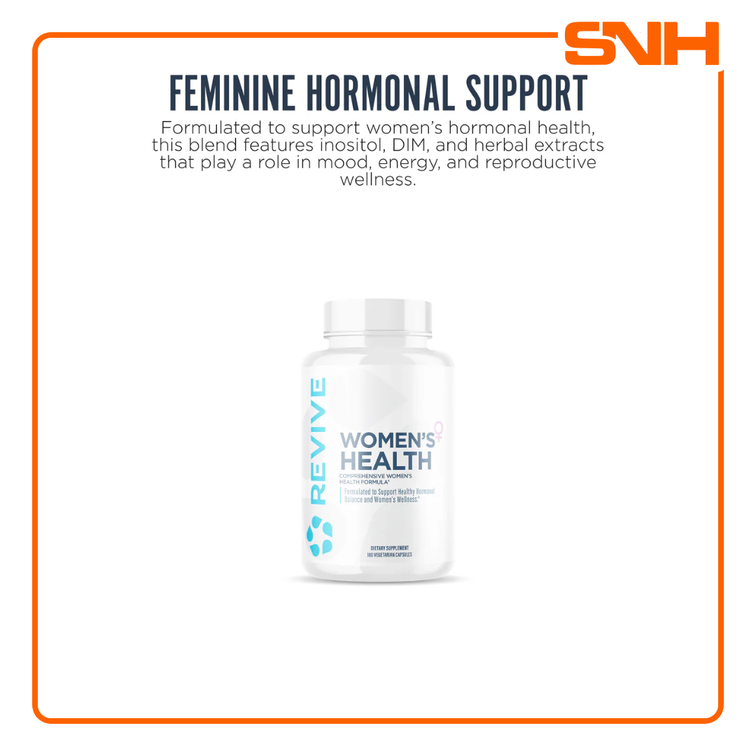 Revive Women's Health supplement bottle, US-made female hormone support multivitamin with cranberry, probiotics and herbal extracts