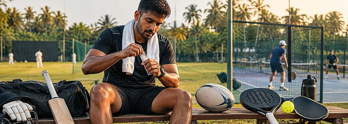 South Asian athlete using energy gels for cricket rugby padel and pickleball training